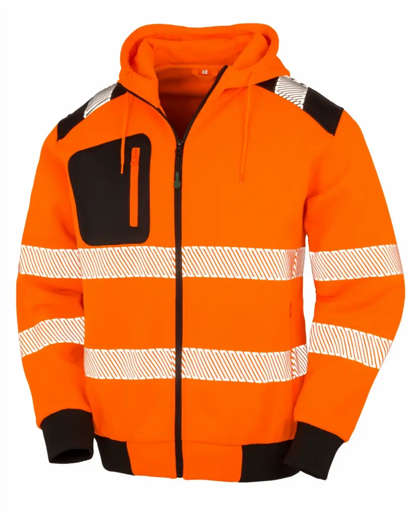 Gerecycled veiligheidssweatvest met capuchon, fluorescent orange — productfoto 3
