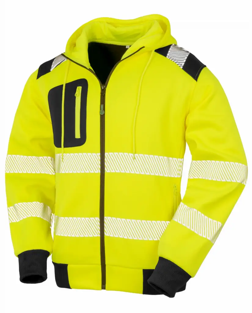 Gerecycled veiligheidssweatvest met capuchon, fluorescent yellow — productfoto 4