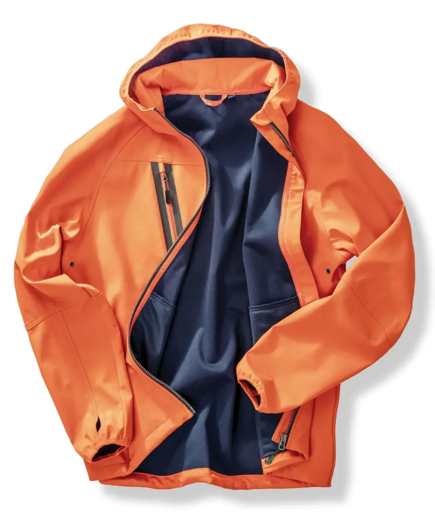 Gerecyclede 3-laags uniseks softshelljack met capuchon., orange / navy — productfoto 4