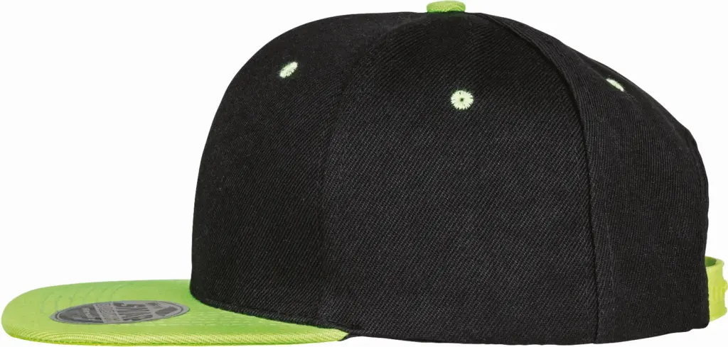 PS_RC082X-S_BLACK-LIME - Hidalgo-werbeartikel Tweekleurige bronx original snapbackpet met platte klep, black / lime — productfoto 4