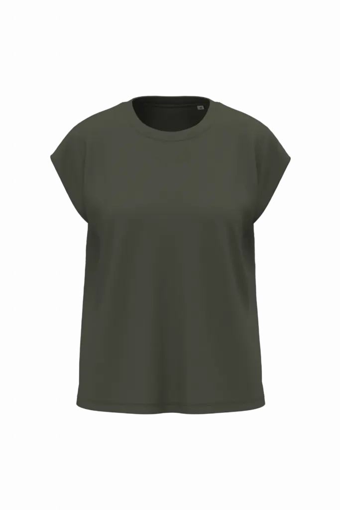 PS_SP306_ORGANICKHAKI - Hidalgo SP306 - Dames-T-shirt van verantwoorde materialen zonder mouwen met schoudervullingen, organic khaki — productfoto 3