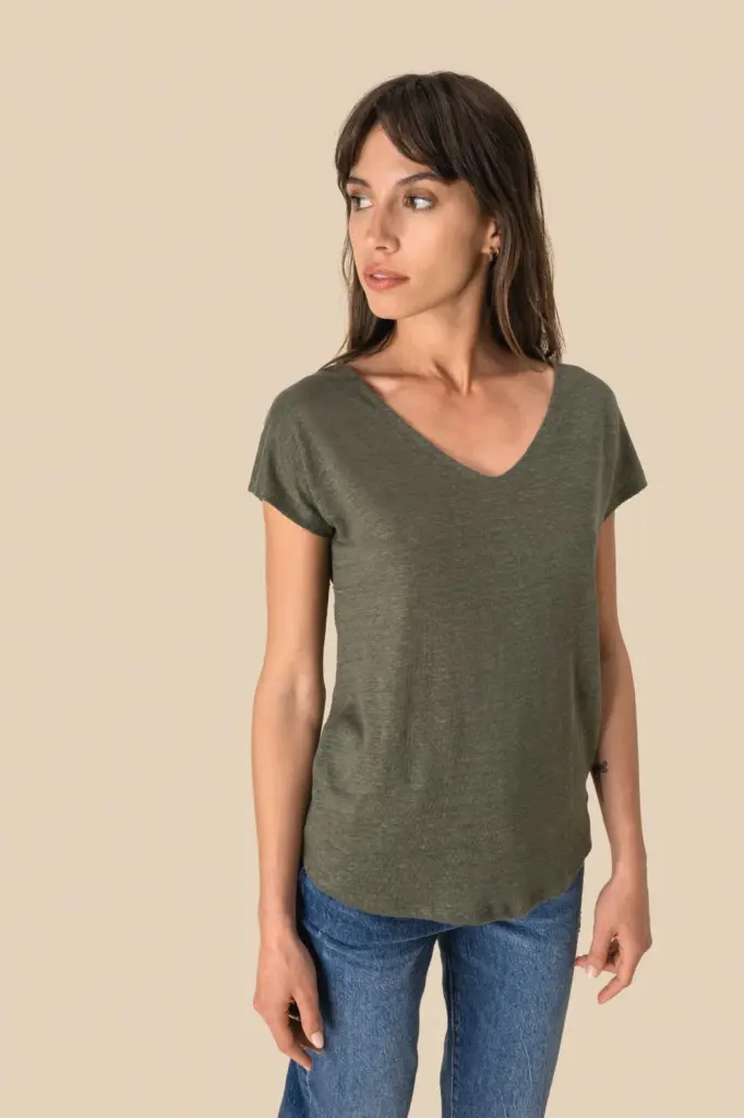 SP321-2_2025 - Hidalgo-werbeartikel Linnen dames-t-shirt V-hals — productfoto 3