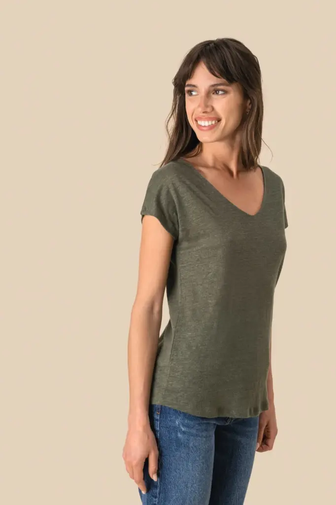 SP321-4_2025 - Hidalgo-werbeartikel Linnen dames-t-shirt V-hals — productfoto 4