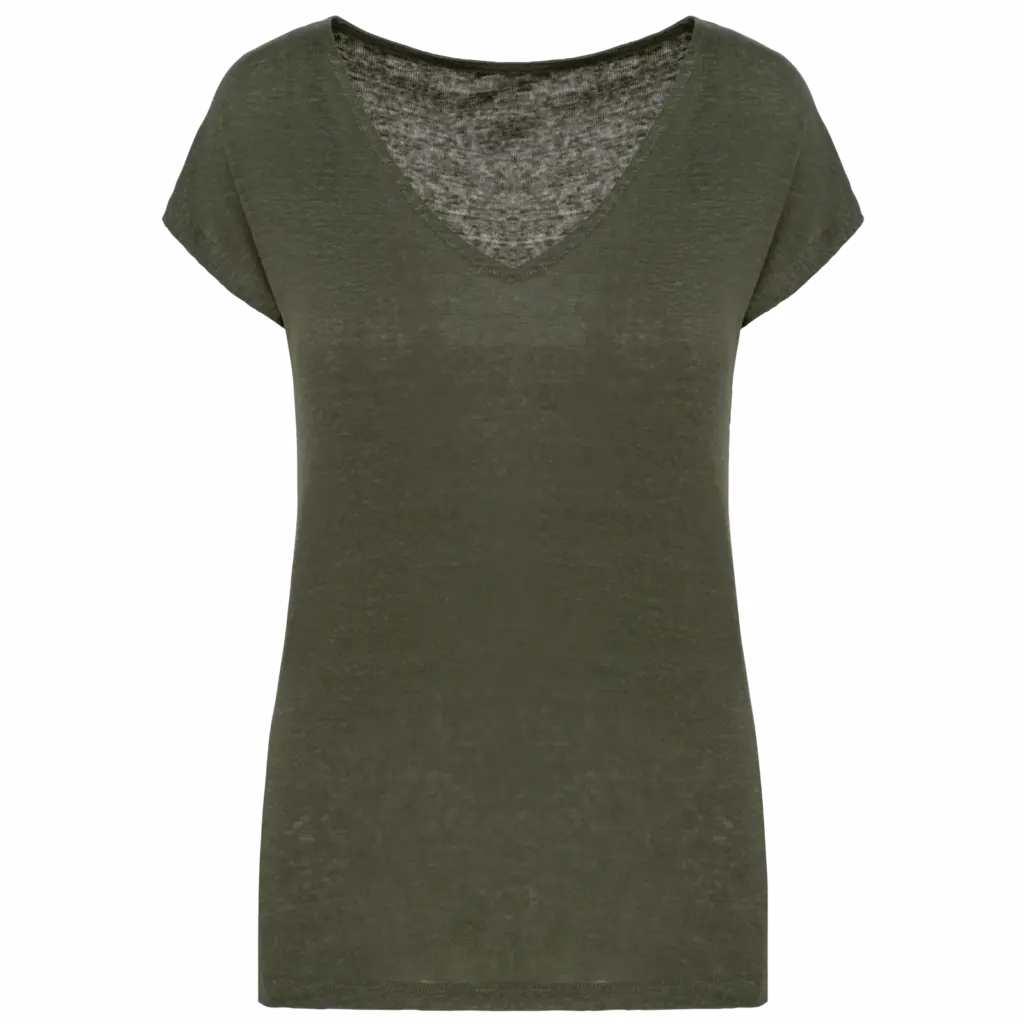Linnen dames-t-shirt V-hals, organic khaki — productfoto 9