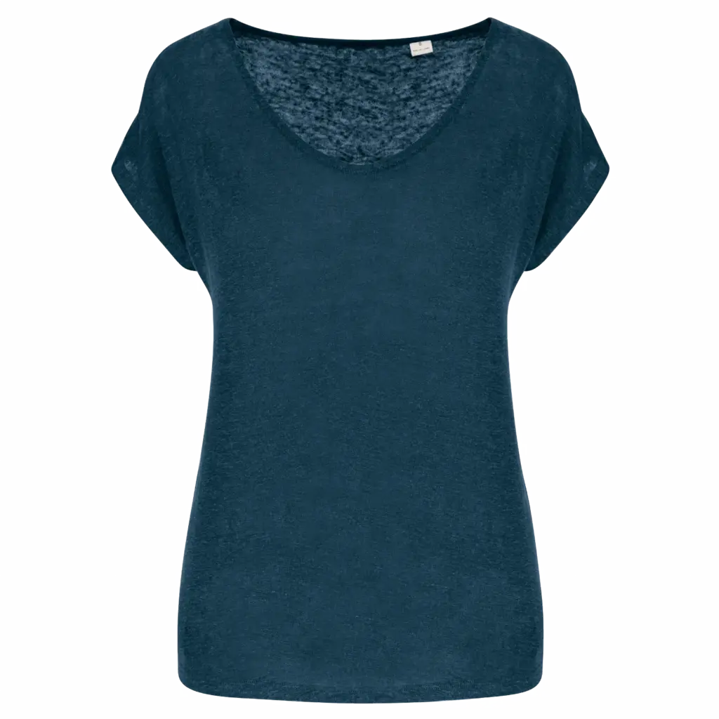Linnen dames-t-shirt V-hals, peacock blue — productfoto 10