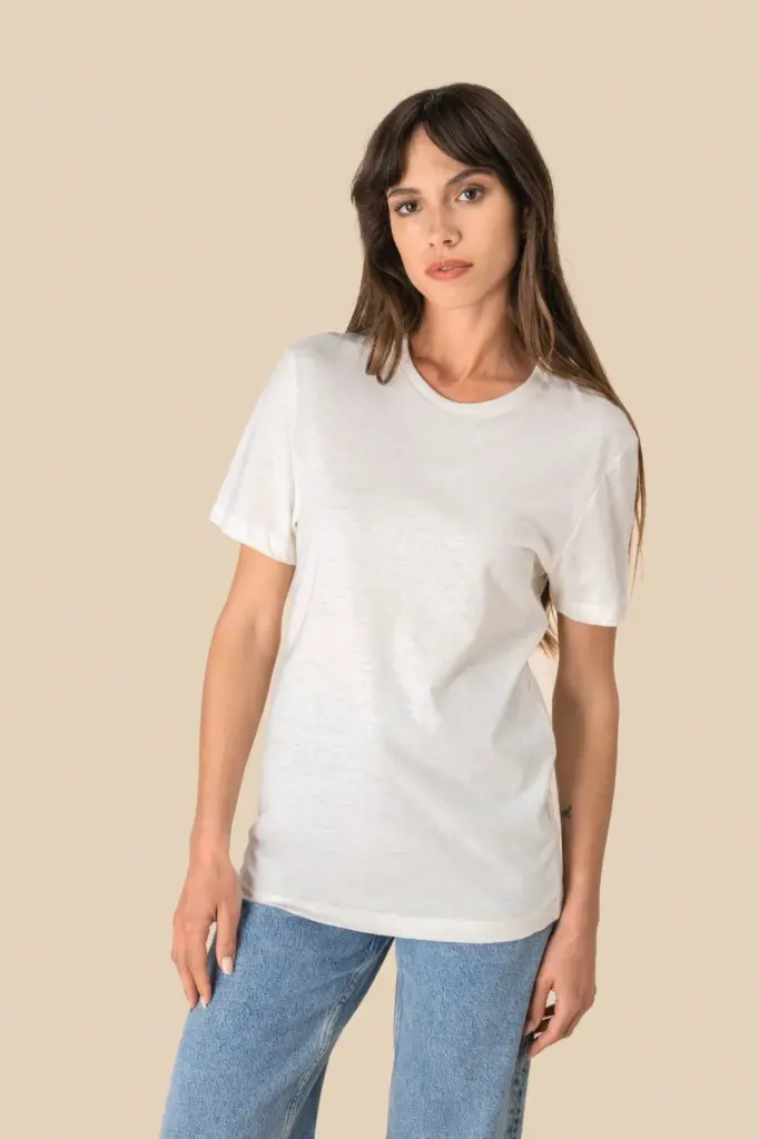 Ecologisch uniseks T-shirt van biokatoen en linnen — productfoto 3