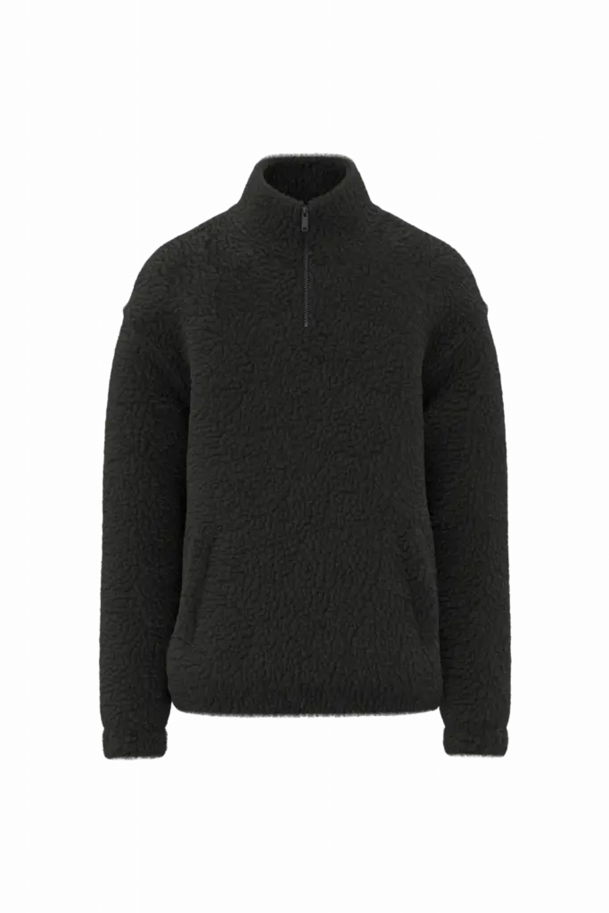 Uniseks sweater van sherpa met kwartrits en afhangende schouders, black — productfoto 6