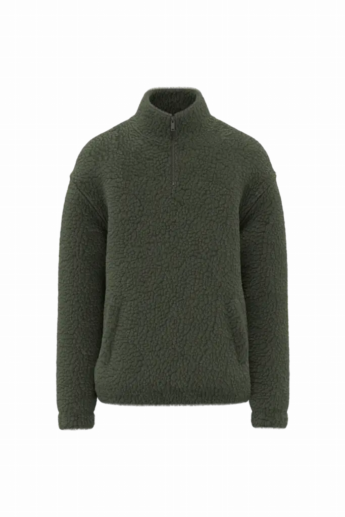 Uniseks sweater van sherpa met kwartrits en afhangende schouders, forest khaki — productfoto 7