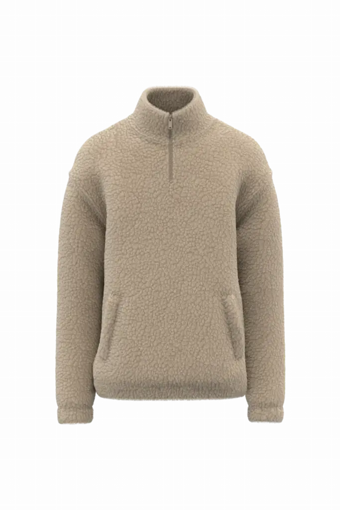 Uniseks sweater van sherpa met kwartrits en afhangende schouders, wet sand — productfoto 8