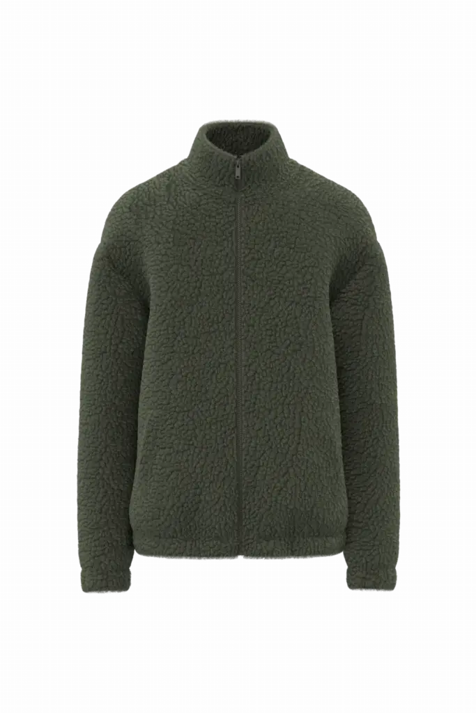 Uniseks sweater van sherpa met rits en afhangende schouders, forest khaki — productfoto 7