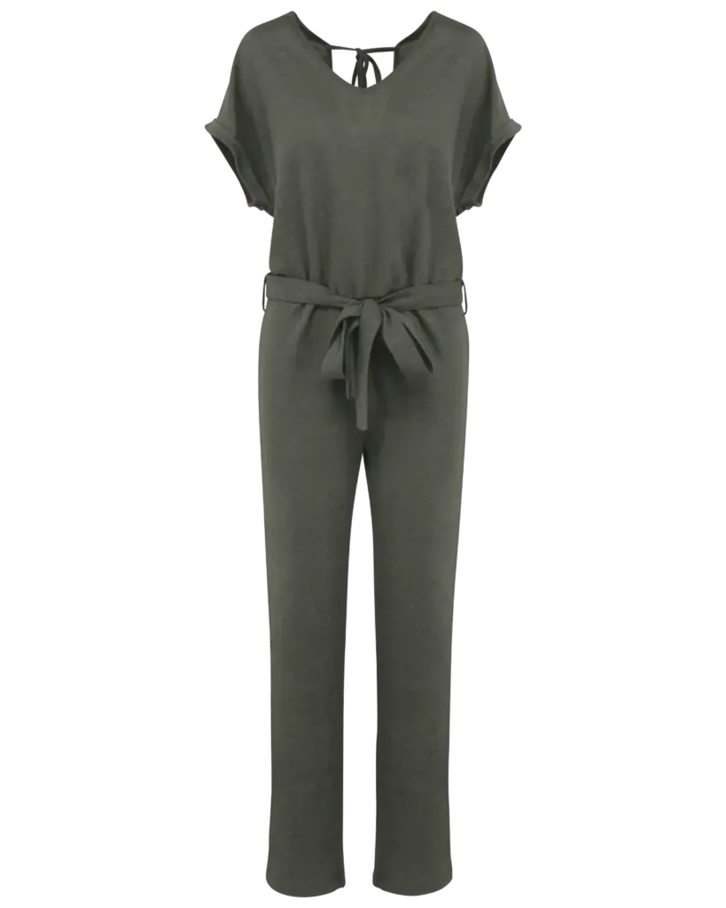 Tricot jumpsuit met korte mouwen voor dames van linnen, organic khaki — productfoto 7