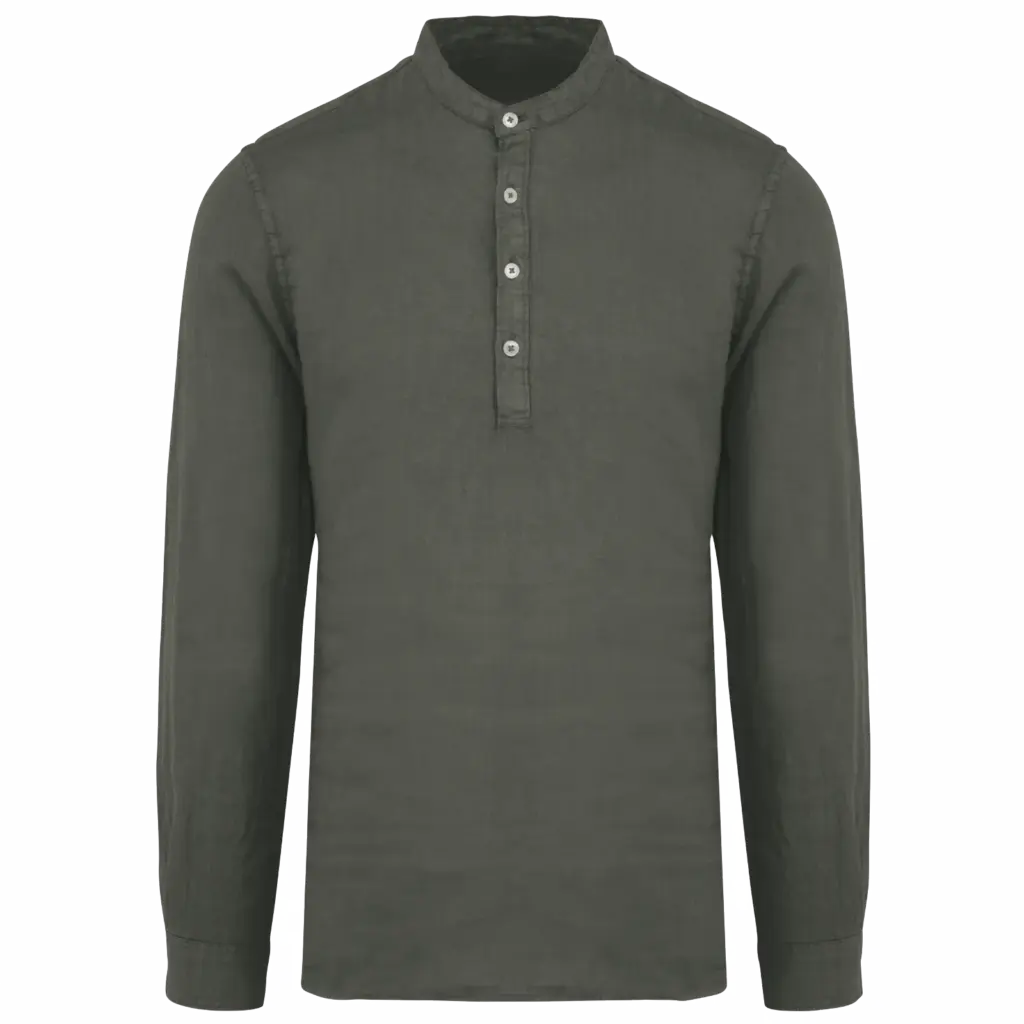 Verwassen linnen herenoverhemd met maokraag, washed organic khaki — productfoto 7
