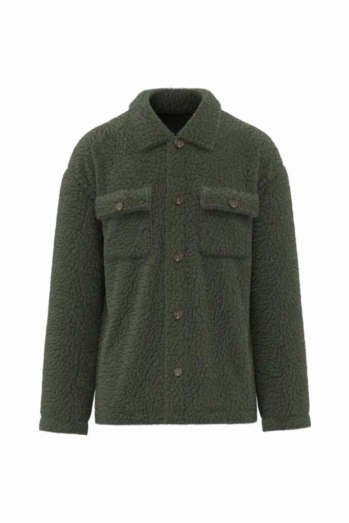 Uniseks sherpa-overshirt met afhangende schouders, forest khaki — productfoto 7