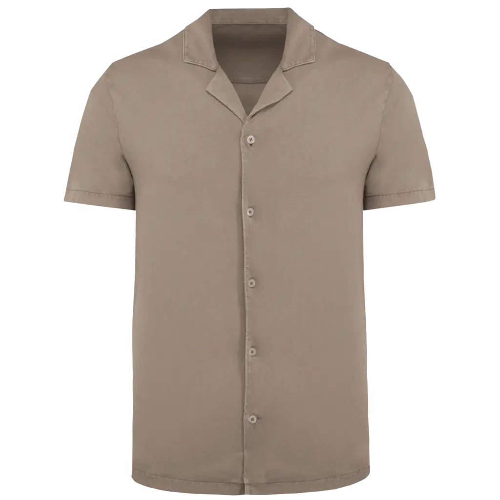 Ecologisch verwassen herenoverhemd met korte mouwen en bowlingkraag in jersey, washed cream coffee — productfoto 5