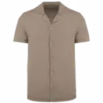 Ecologisch verwassen herenoverhemd met korte mouwen en bowlingkraag in jersey, washed cream coffee — productfoto 5