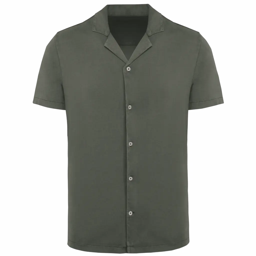 Ecologisch verwassen herenoverhemd met korte mouwen en bowlingkraag in jersey, washed organic khaki — productfoto 6