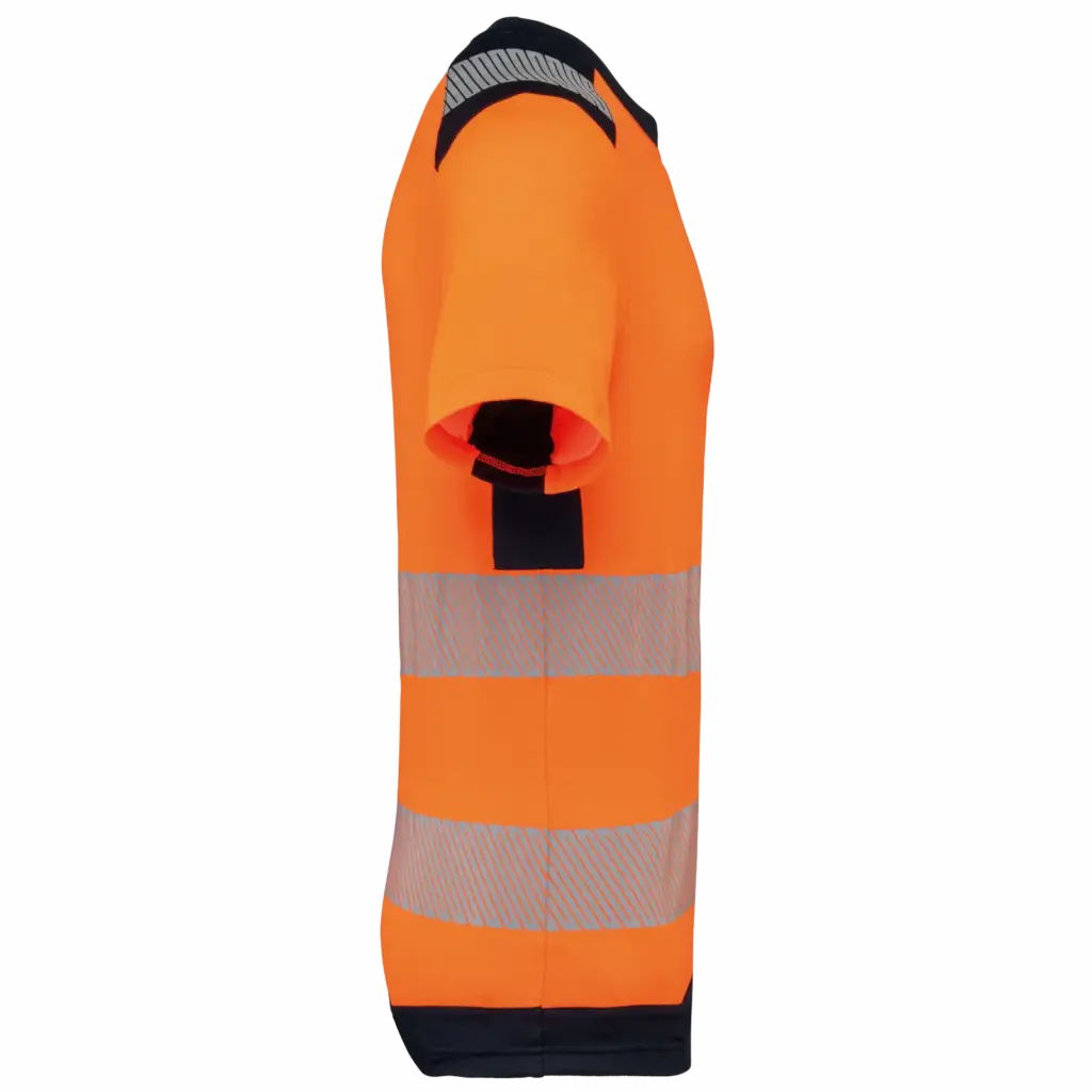 Gerecycled veiligheids-T-shirt ronde hals korte mouwen unisex, hi viz orange / navy — productfoto 5