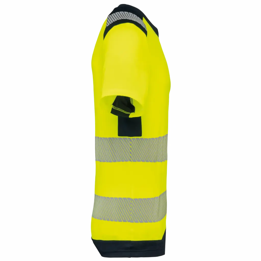 Gerecycled veiligheids-T-shirt ronde hals korte mouwen unisex, hi viz yellow / navy — productfoto 6