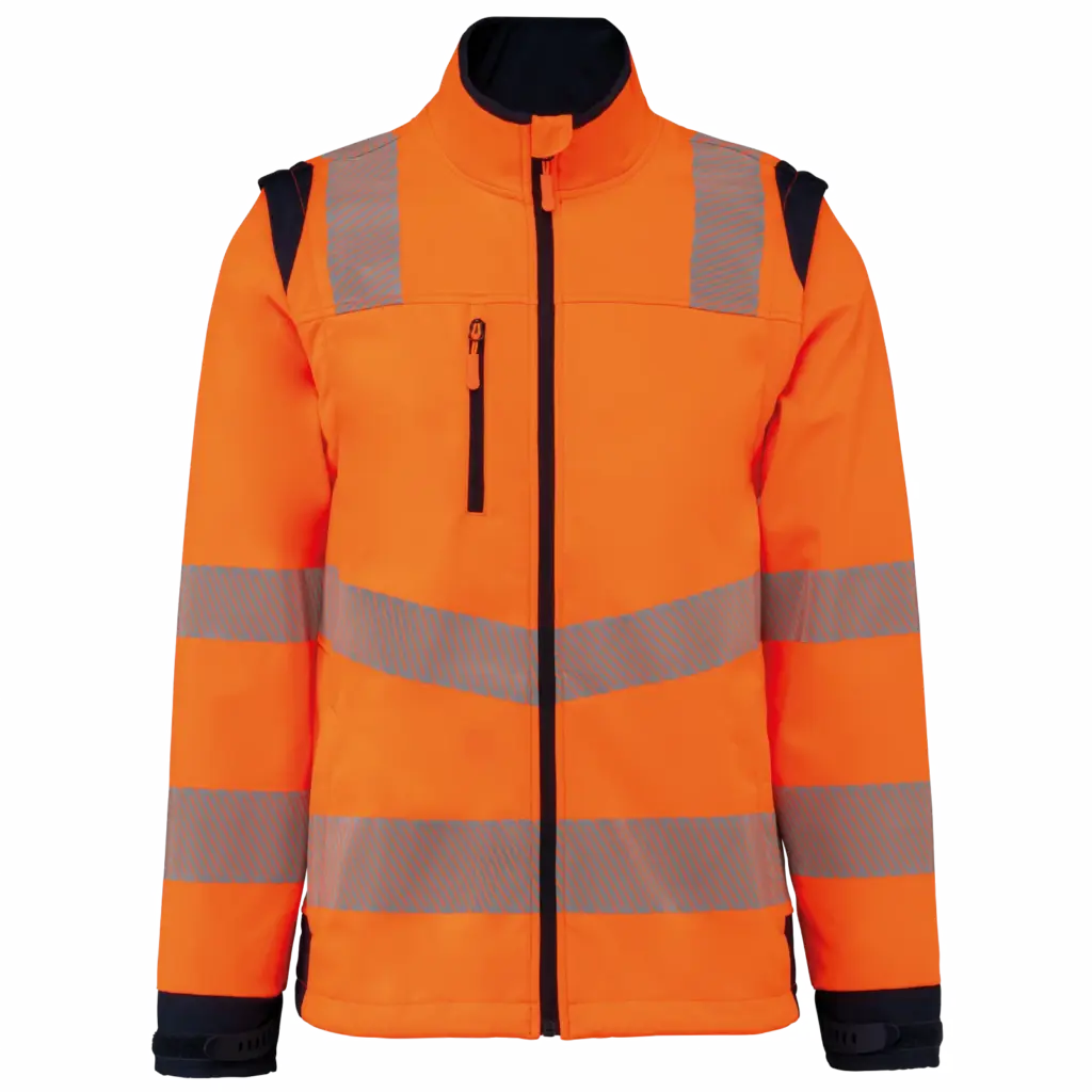 Gerecycled softshelljack met afneembare mouwen, hi viz orange / navy — productfoto 6