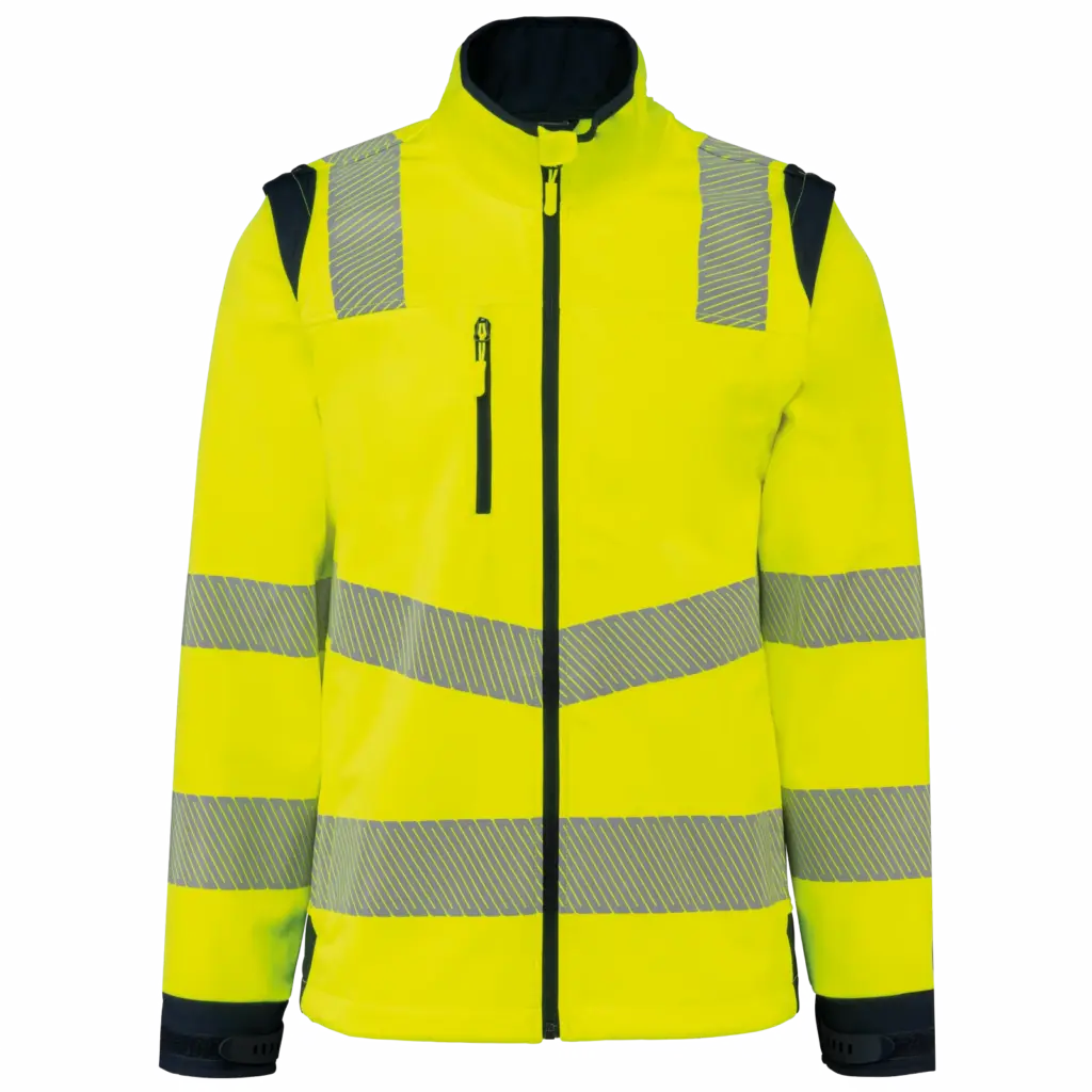 Gerecycled softshelljack met afneembare mouwen, hi viz yellow / navy — productfoto 7