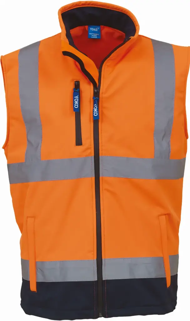 Softshell veiligheidsbodywarmer, hi vis orange / navy — productfoto 5