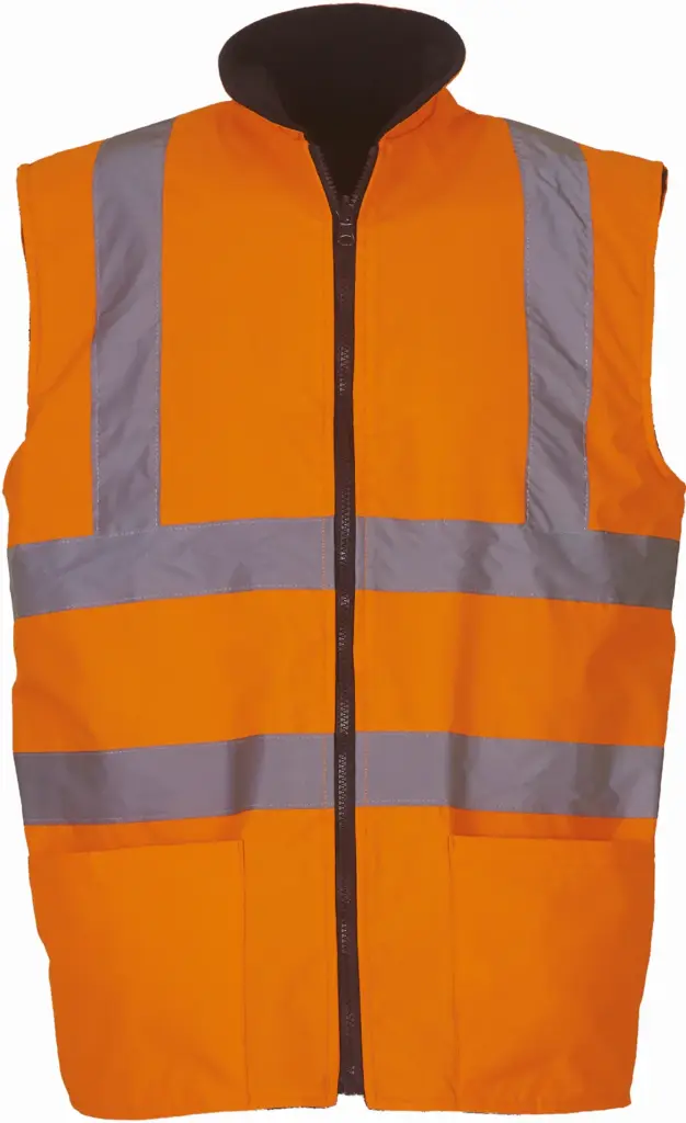PS_YHV008F_HIVISORANGE - Hidalgo-werbeartikel Omkeerbare fleece veiligheidsbodywarmer, hi vis orange — productfoto 2