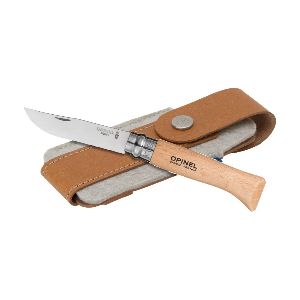 Opinel Inox No 08 zakmes in een riemetui
