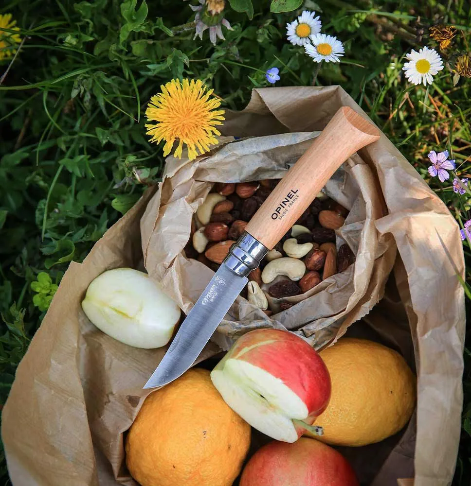 Opinel Inox No 08 zakmes in een riemetui — productfoto 2