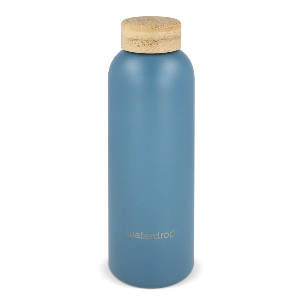 Waterdrop Roestvrijstalen Fles met Bamboe dop 600ml grijs - blauw - Bidons & Shakers Waterdrop Roestvrijstalen Fles met Bamboe dop 600ml, grijs - blauw