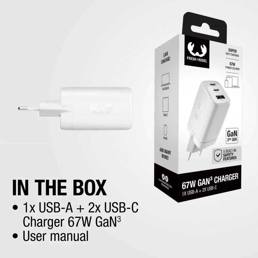 Fresh n Rebel 67W Laptop Snellader GaN USB-C USB-A productfoto 7 - Hidalgo-werbeartikel Fresh 'n Rebel 67W Laptop Snellader GaN USB-C & USB-A — productfoto 7