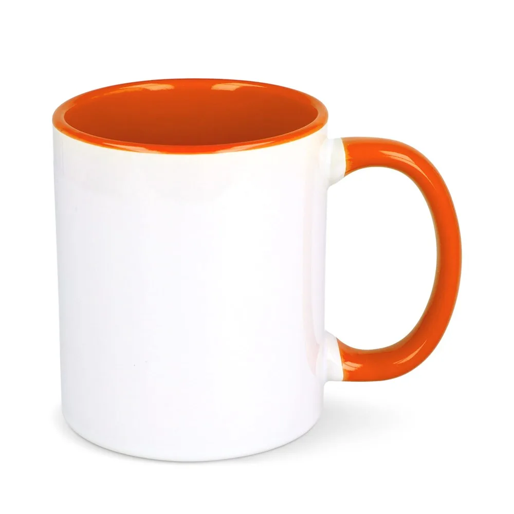 Mok subli Oslo gekleurde binnenkant handvat 300ml wit oranje - Hidalgo-werbeartikel Mok subli Oslo gekleurde binnenkant & handvat 300ml, wit / oranje