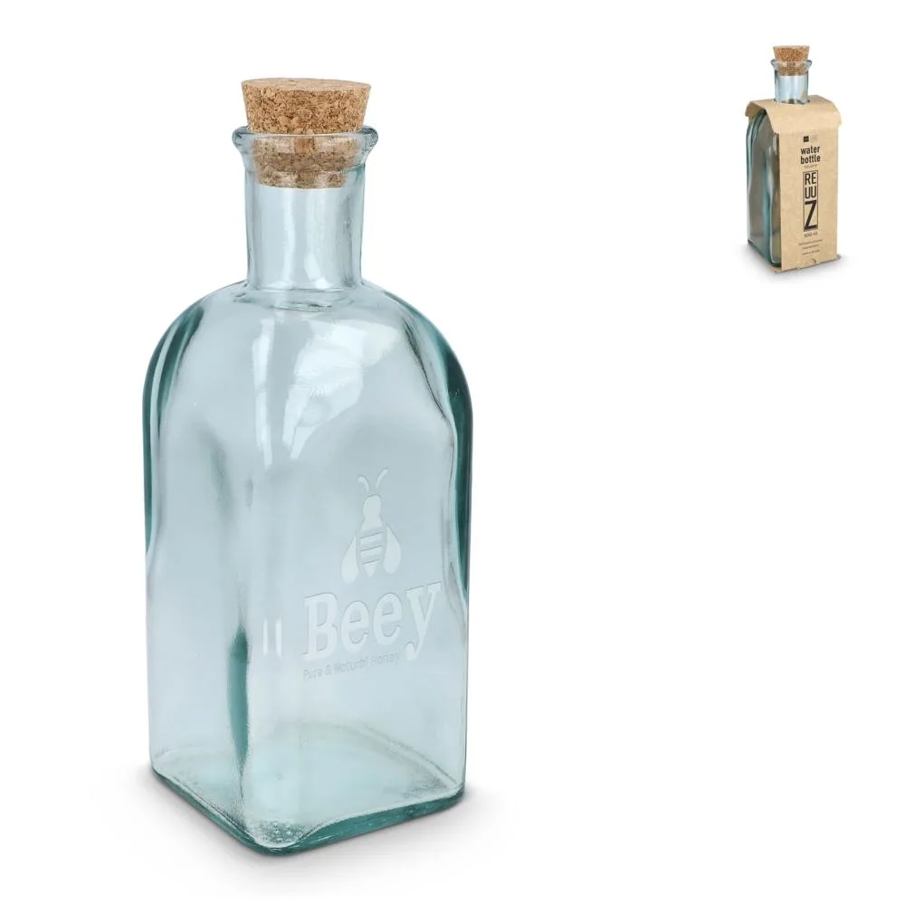 InSideOut Vierkante Gerecycled glas Waterfles ReuuZ met kurkstop 500ml