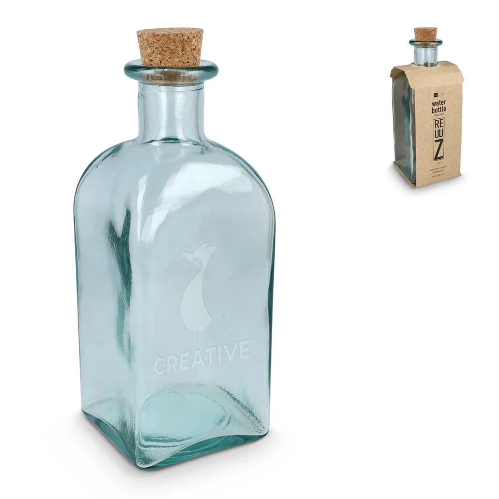 InSideOut Vierkante Gerecycled glas Waterfles ReuuZ met kurkstop 1L