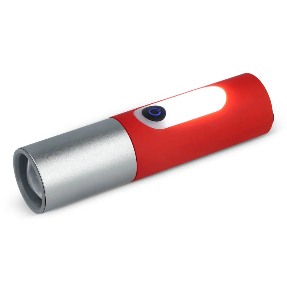 Oplaadbare 10 W LED-zaklamp met zoomfunctie 300 lm rood - Hidalgo-werbeartikel Oplaadbare 10 W LED-zaklamp met zoomfunctie 300 lm, rood