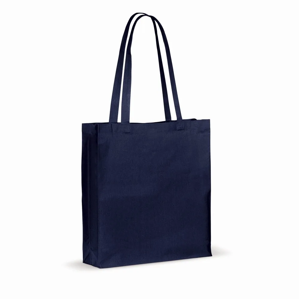 Draagtas gerecycled katoen met bodem 140gm² 38x10x42cm donkerblauw - Katoenendraagtassen Draagtas gerecycled katoen met bodem 140g/m² 38x10x42cm, donkerblauw