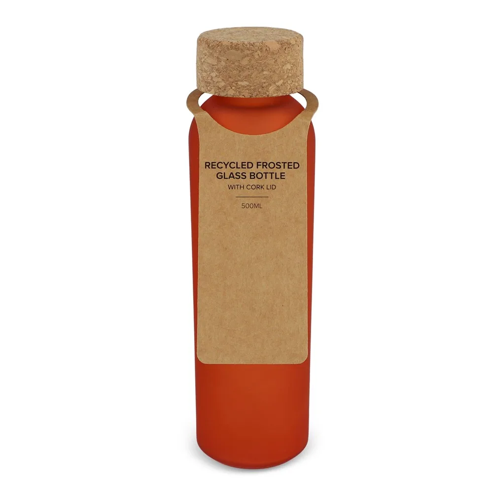 Matglazen gerecycled fles met kurken dop 500ml ecru oranje - Hidalgo-werbeartikel Matglazen gerecycled fles met kurken dop 500ml, ecru / oranje