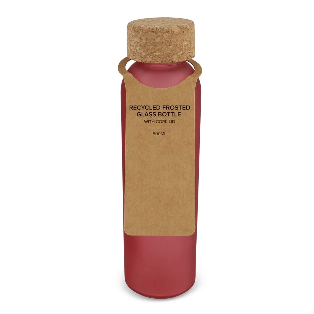 Matglazen gerecycled fles met kurken dop 500ml ecru rood - Hidalgo-werbeartikel Matglazen gerecycled fles met kurken dop 500ml, ecru / rood