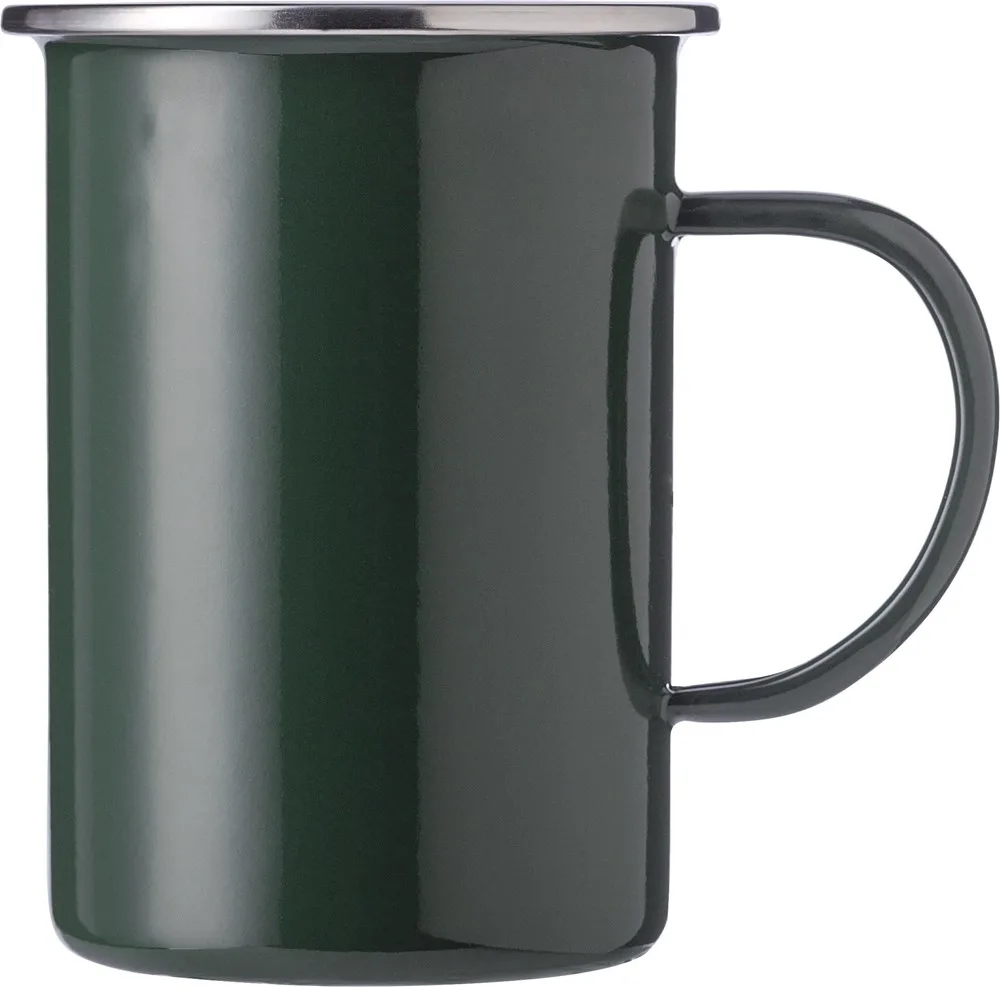 Emaille mok Ayden | Rvs rand | 450 ml groen - Hidalgo-werbeartikel Emaille mok Ayden | Rvs rand | 450 ml, groen