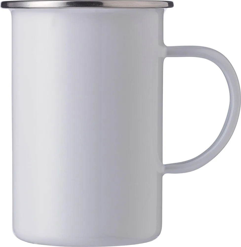 Emaille mok Ayden | Rvs rand | 450 ml wit - Hidalgo-werbeartikel Emaille mok Ayden | Rvs rand | 450 ml, wit