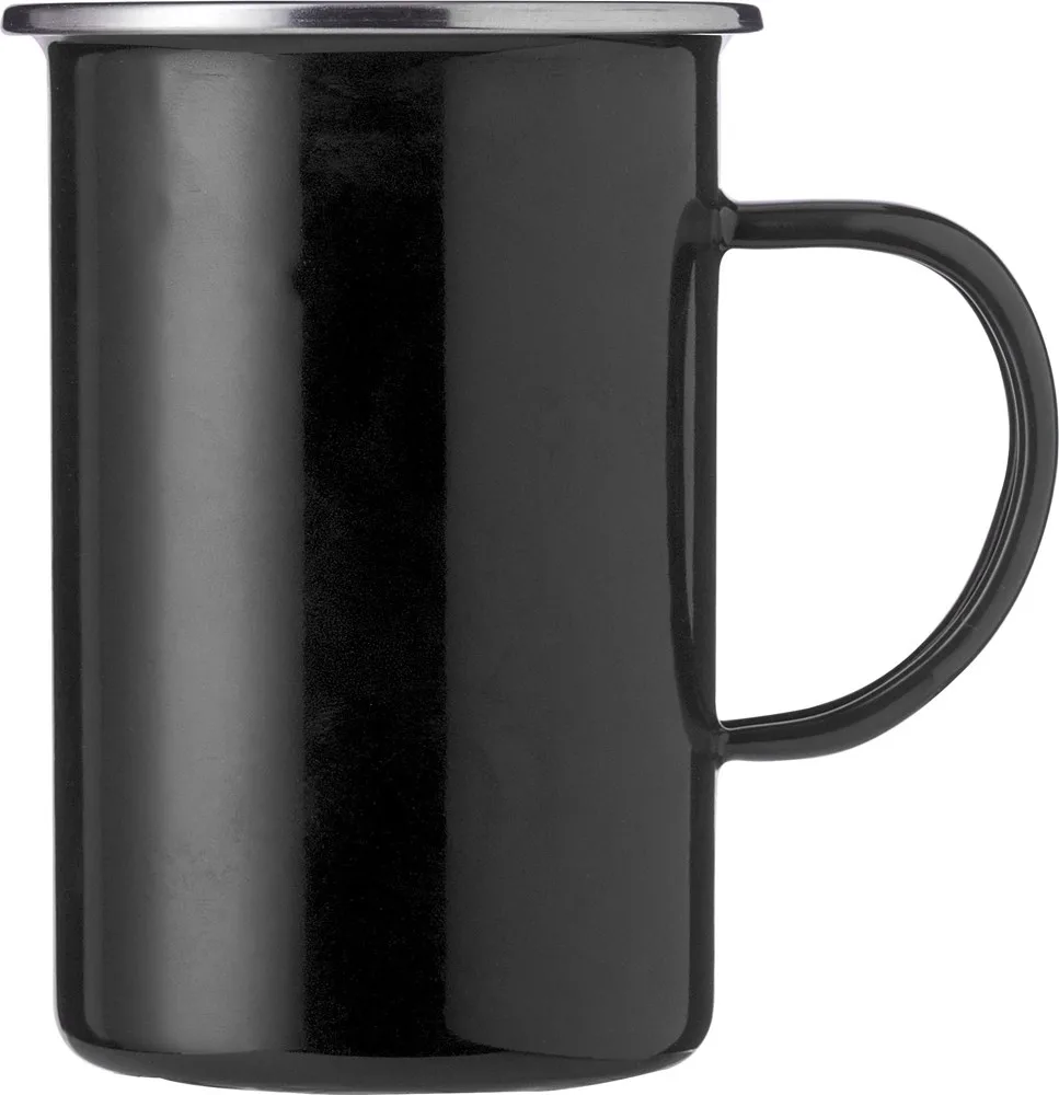 Emaille mok Ayden | Rvs rand | 450 ml zwart - Hidalgo-werbeartikel Emaille mok Ayden | Rvs rand | 450 ml, zwart