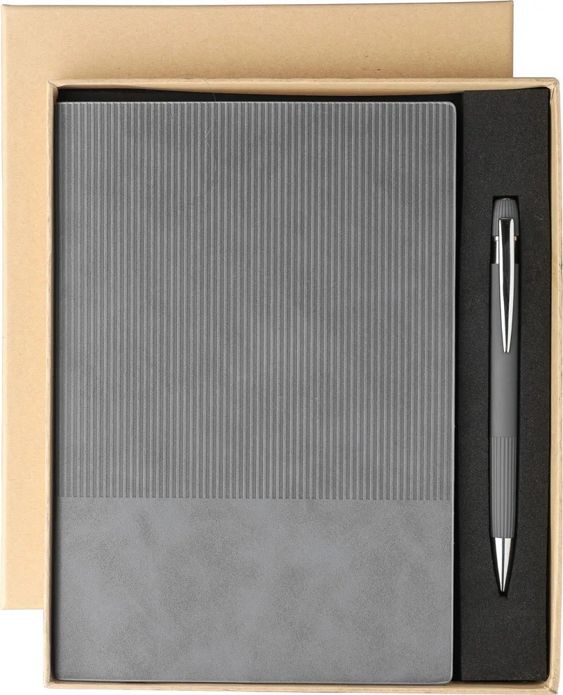 Gerecycled PU-notitieboek A5 en balpenset Tarek grijs - Hidalgo Gerecycled PU-notitieboek (A5) en balpenset Tarek, grijs