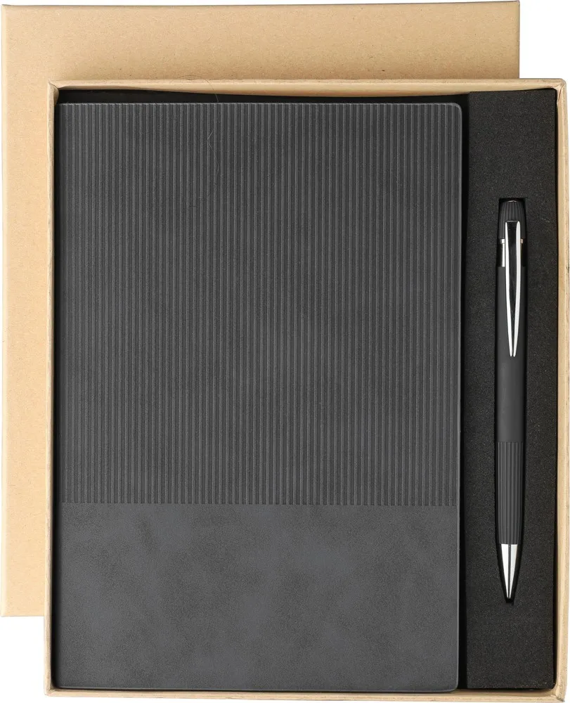 Gerecycled PU-notitieboek A5 en balpenset Tarek zwart - Hidalgo Gerecycled PU-notitieboek (A5) en balpenset Tarek, zwart
