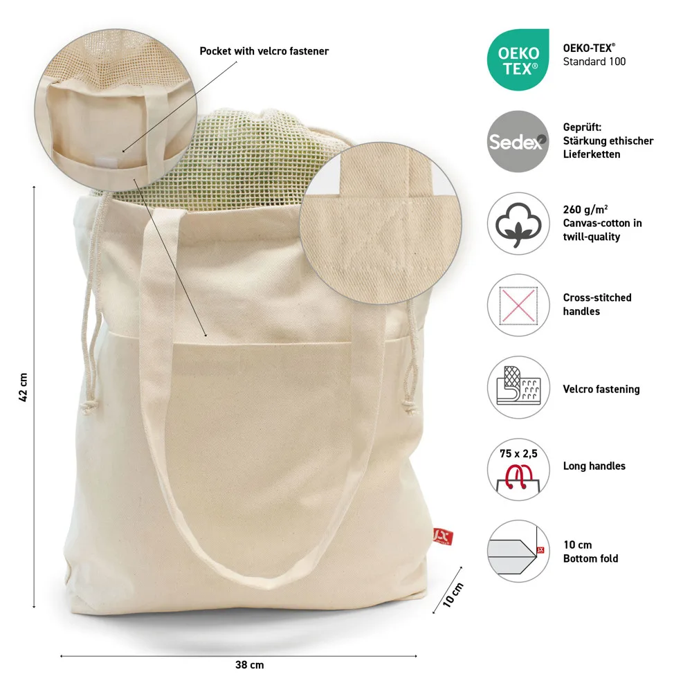 BRISBANE Canvas tas met netinzet trekkoordsluiting en lange hengsels productfoto 3 - Hidalgo-werbeartikel BRISBANE – Canvas tas met netinzet, trekkoordsluiting en lange hengsels — productfoto 3