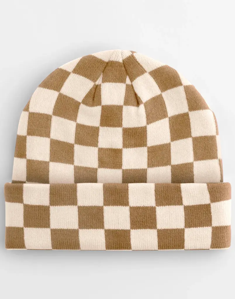 16069 - Checkerboard Beanie, biscuit/almond