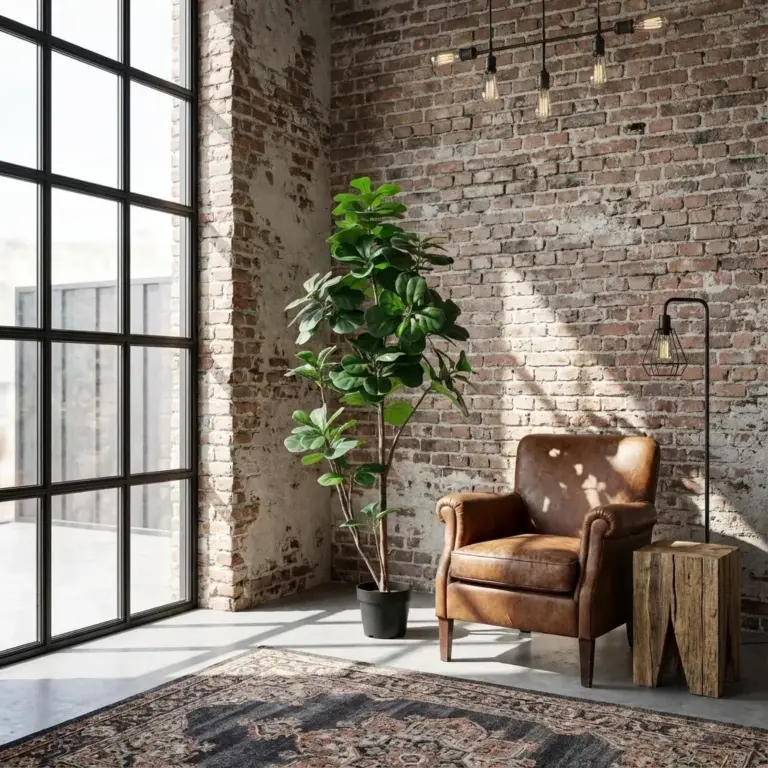 Artificial fiddle-leaf fig in a room with a brick wall
