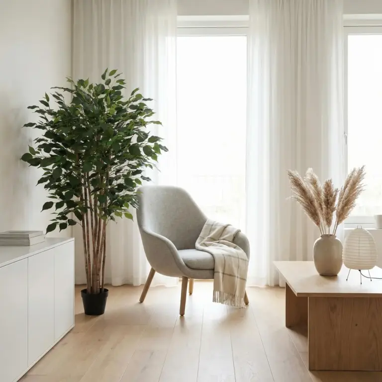 Artificial weeping fig in a corner by the window