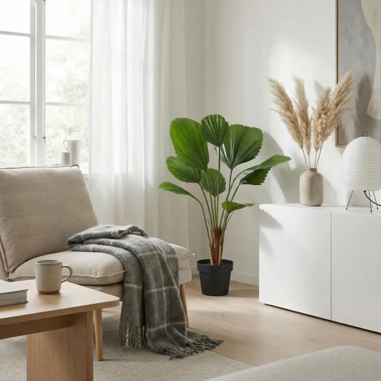 Künstliche Licuala neben einem weißen Sideboard